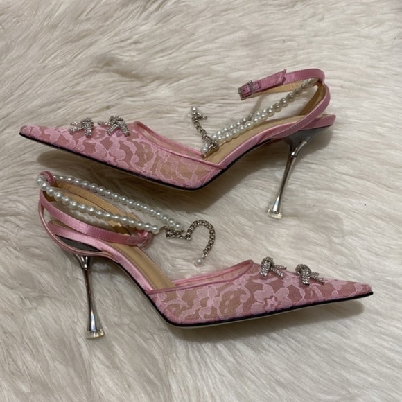 Mach & Mach Mini Bow embellished pink kitten lace pump heel‎ size 36EU - Picture 4 of 13
